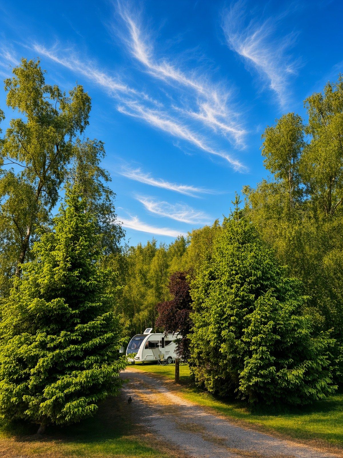 The drive into The Lodge between the trees, a caravan pitched at the end