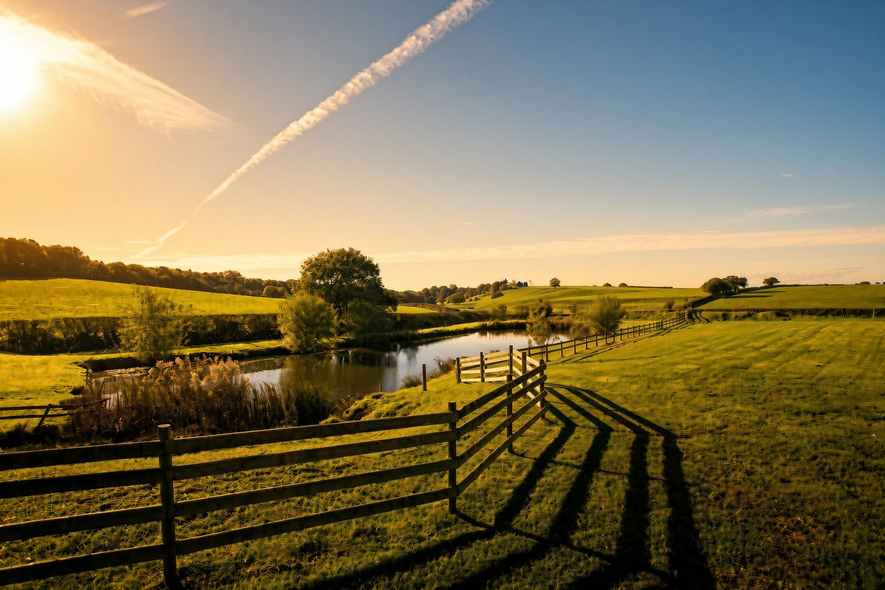 Evening light over the lake and fields at The Lodge