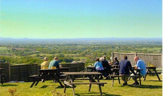 The beer garden at the Gresley Arms looking out over the valley